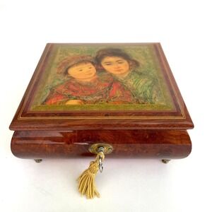 Vintage Reuge Swiss Jewelry Music Box Italian Burl Wood Asian Mother Child Art